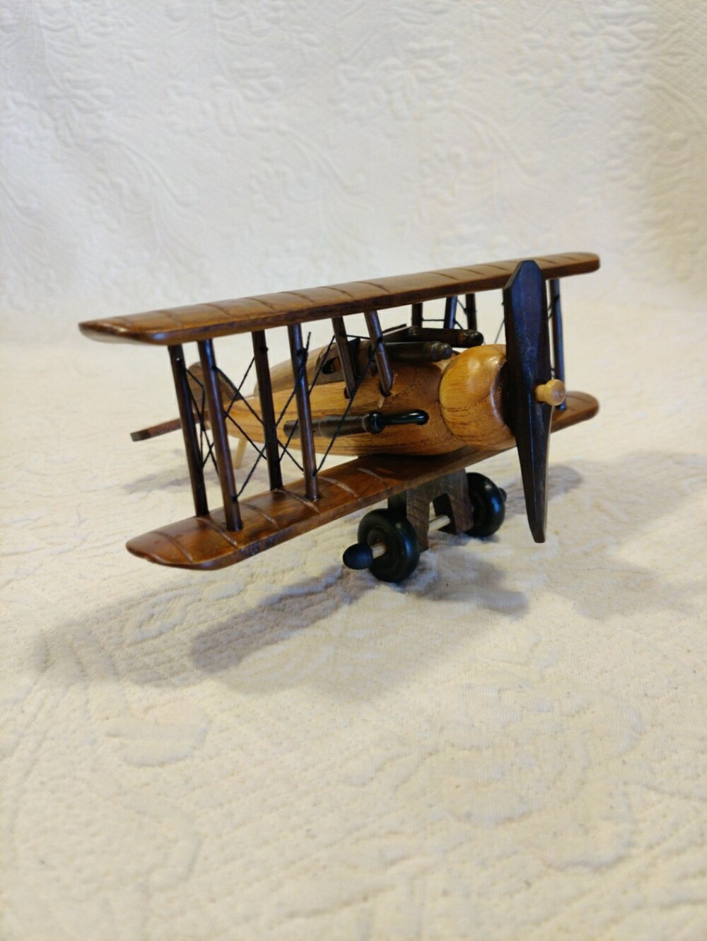 WWI Handcafted Wooden Biplane Aircraft Movable Propeller And Wheels Retro Decor